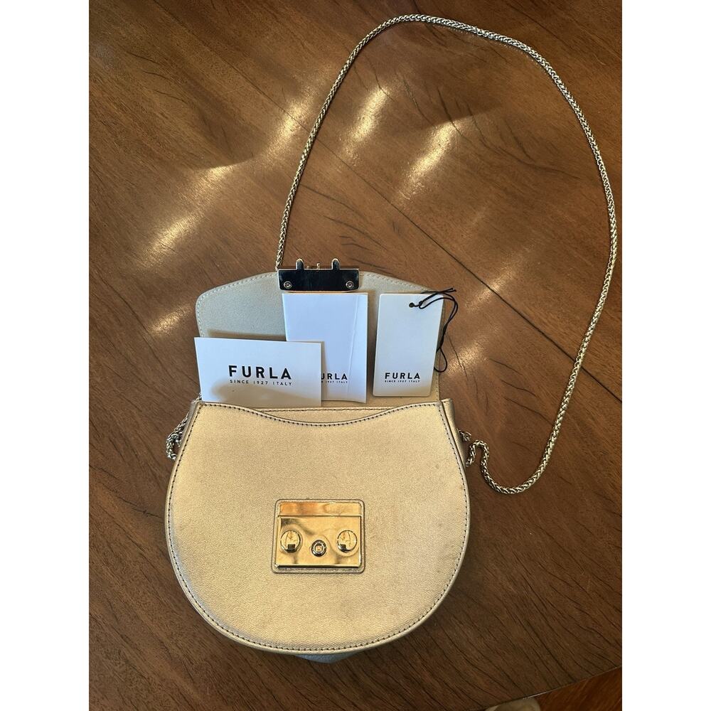 Furla Metallic Gold Crescent Shoulder Bag w/ Chain Strap